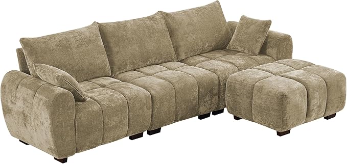 112" Mid Century Modern L Shaped Couch, 3 Seater Modular Sectional Sofa with Movable Ottoman, Deep Seat and Solid Wood Legs, Cloud Couch for Living Room, Chenille Tufted Sofa, Brown
