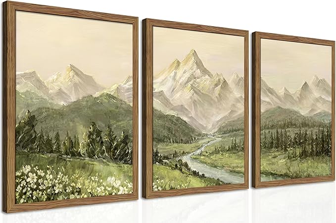 Framed Mountain Wall Art for Living Room, Green Nature Landscape Canvas Wall Decor Set of 3, Vintage Forest Rustic Farmhouse Prints Pictures Paintings for Office Bedroom 16x24 Inch
