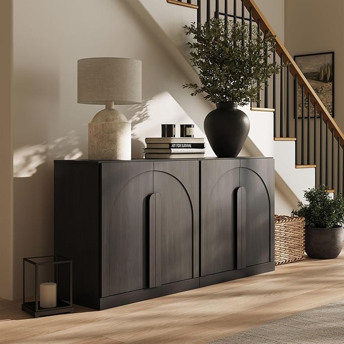 BELLEZE Set of 2 Modern Buffet Cabinets (63" Wide)-Large Sideboard Credenza with Arched Doors-Seamless Hidden Storage Console for Dining Room & Living Area-Ebony