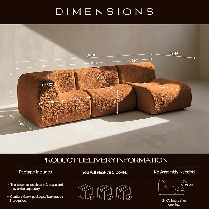 105" Curved Sectional Sofa with Chaise, Boneless 3 Seater Modular Couch, Reversible L-Shaped Couches with High-Density Foam, Modern Lounge Comfort Sherpa Sofas for Living Room – No Assembly, Brown
