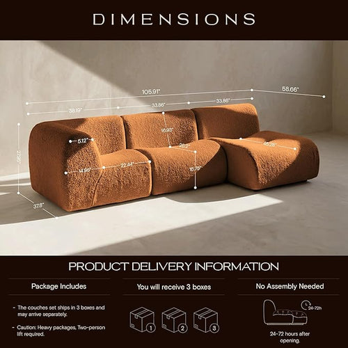 105" Curved Sectional Sofa with Chaise, Boneless 3 Seater Modular Couch, Reversible L-Shaped Couches with High-Density Foam, Modern Lounge Comfort Sherpa Sofas for Living Room – No Assembly, Brown