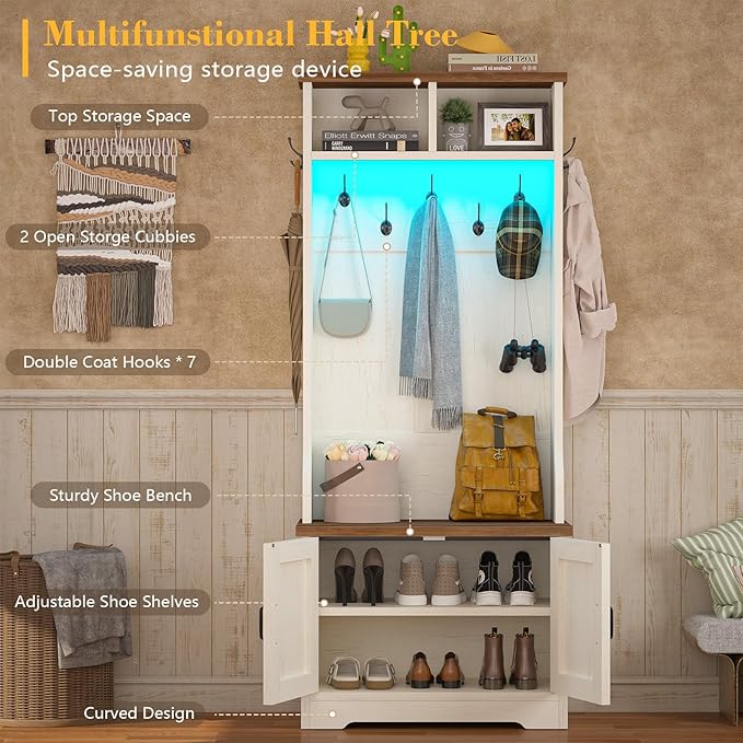 CSZZD Hall Tree with Bench and Shoe Storage, Entryway Bench with Coat Racks and Led Lights, Farmhouse Small Hall Tree with Shoe Cabinet, 7 Coat Hooks, 6 Storage Cubbies, Adjustable Shelf
