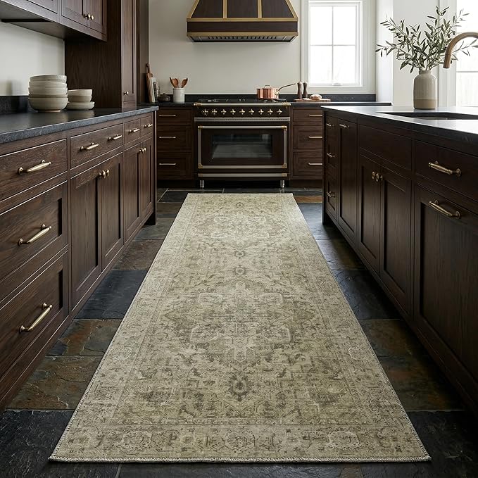 Homemate Washable Rug 2x6 Area Rugs - Vintage Faux Wool Rugs for Living Room Bedroom Dining Room - Non Slip Foldable Carpet Indoor Area Rug for Home Decor（2'x6', Green