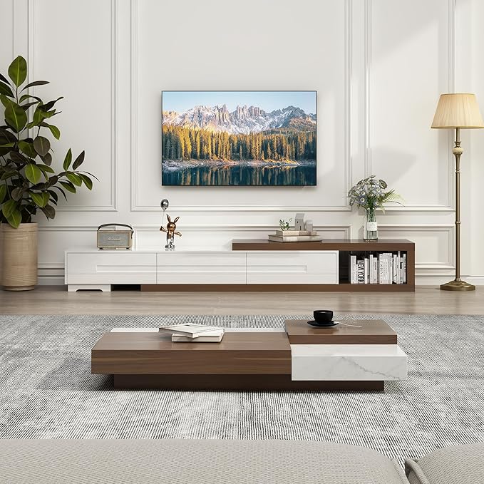 Hlivelood Extendable TV Stand, Modern Entertainment Center for Up to 120 Inch TV, Wood Reversible TV Media Console with 3 Drawers for Living Room Bedroom, 82-110"(White& Walnut)