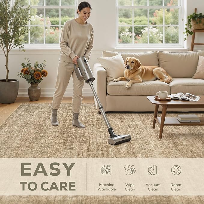 Nakagishi 10x12 Area Rugs Living Room: Washable Large Vintage Rug Neutral Non-Slip Soft Stain Resistant Indoor Carpet for Bedroom Nursery Dining Room Office Playroom - Beige Gray