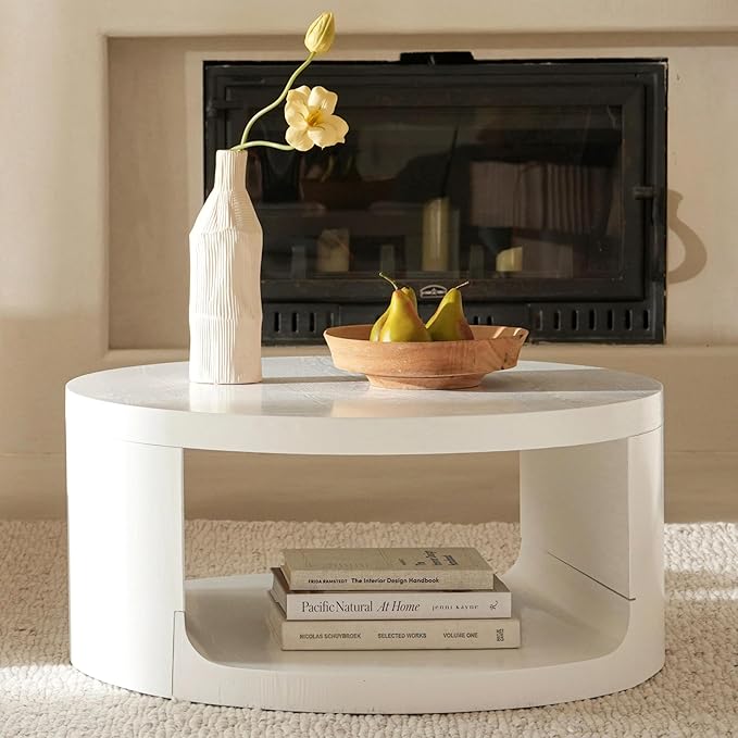 Round Coffee Table with Storage, 31" Modern Living Room Table, 2 Tier Circle Wood Center Tables for Apartment, Living Room, Open-Style Storage White Tea Tables, 31"*14.1" (White)