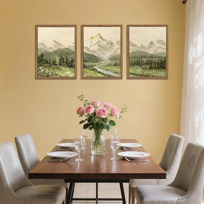 Framed Mountain Wall Art for Living Room, Green Nature Landscape Canvas Wall Decor Set of 3, Vintage Forest Rustic Farmhouse Prints Pictures Paintings for Office Bedroom 16x24 Inch