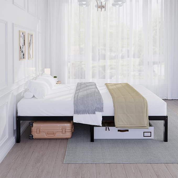 14 Inch Bamboo Bed Frame – Solid Wood Platform Bed Frame, Strong and Stable, with Non-Slip Slats for Support, No Box Spring Needed, Easy to Assemble, Noise-Free (Black, Queen)