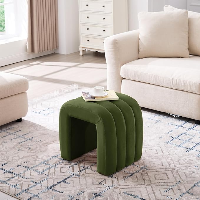 Multi-Functional Ottoman Stool, Footrest for Couch, Modern Vanity Stool for Make-up Room, Living Room and Entryway, Small Cute Footstool (Olive Green Velvet)