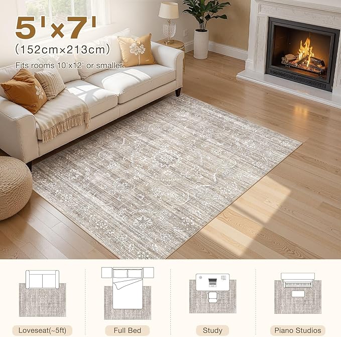 5x7 Area Rug Living Room: Washable Large Vintage Grey Rug Neutral Non-Slip Soft Stain Resistant Indoor Carpet for Bedroom Nursery Dining Room Under Table Bed Home House Office Playroom - Light Brown