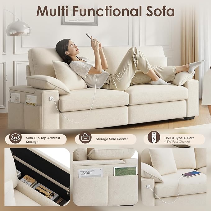 76.38'' Modern Loveseat Sofa, 2 Seats, Beige | USB/Type-C Port, Side Storage, Removable Cover, Easy Assembly, Small Spaces
