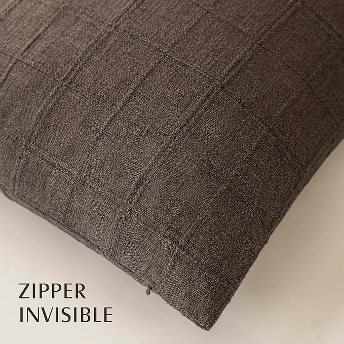 Foindtower Set of 2 Decorative Linen Check Throw Pillow Covers Neutral Farmhouse Vintage Cushion Covers Modern Boho Home Decor for Sofa Chair Couch Bedroom Living Room,18×18 Inch,Dark Brown