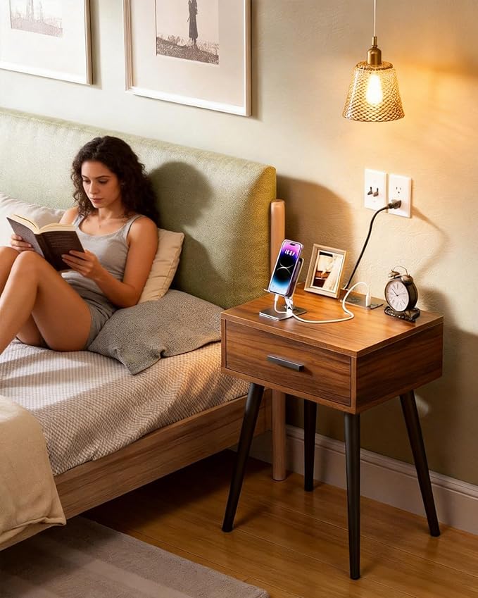 HAIOOU Nightstands Set of 2, Mid Century Modern Night Stand with Charging Station, End Table with Storage Drawer Premium Matte Black Handle,Side Table with Pine Wood Legs for Home Bedroom Living Room