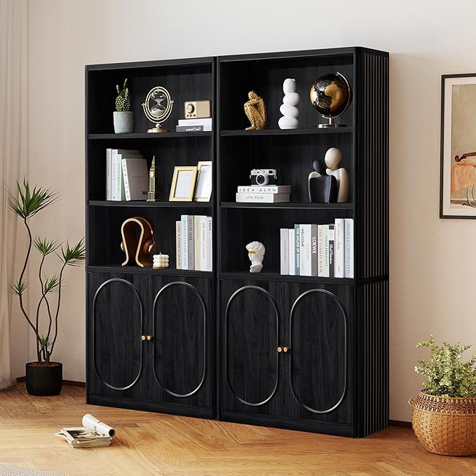 ORRD 70.8" Tall Fluted Bookshelf with Storage Cabinet Set of 2, Modern 5-Tier Wood Bookcase with Open Display Storage Shelf, Gold Handles for Office Living Room (Black)
