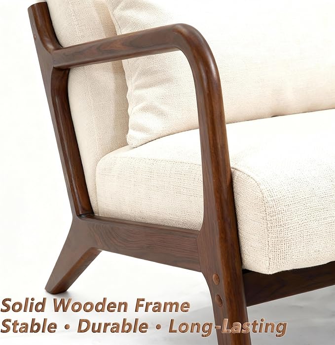 Set of 2 Mid Century Modern Accent Chair - Solid Rubberwood Frame Reading Armchair with Lumbar Pillow - Comfy Linen Lounge Chair for Living Room Bedroom Small Space - Heavy Duty 350lbs
