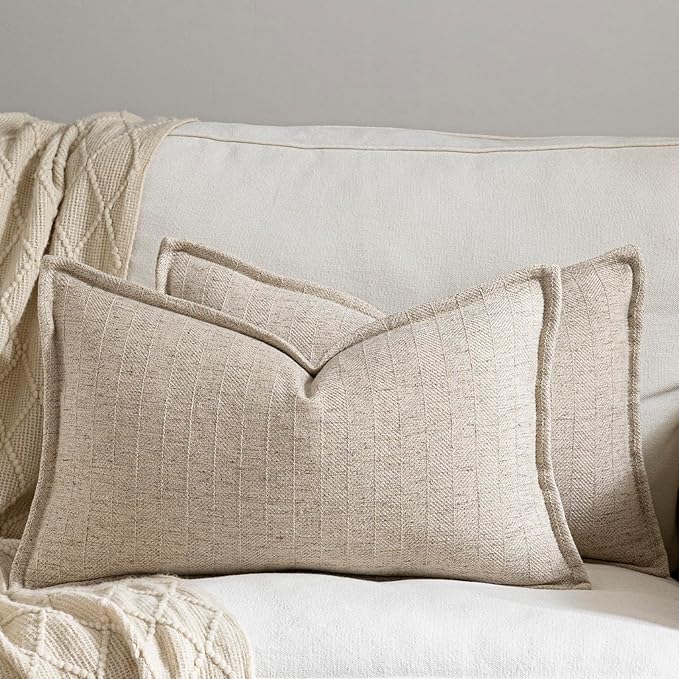 DEZENE 12x20 Linen Pillow Covers Natural Beige Pack of 2 Farmhouse Boho Neutral Accents Striped Textured Rectangular Lumbar Decorative Throw Pillow Cases for Living Room Couch Bed Home Decor