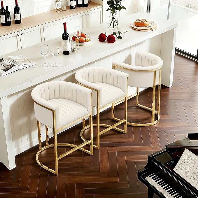 Modern Counter Height Bar Stools,Bar Stools Set of 3,Fabric Upholstered Barrel Barstools with Backs and Arms,26'' Kitchen Island Chairs,Mirror Champagne Gold Base/Beige White Linen