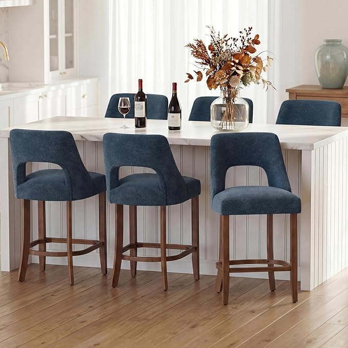 UVV Bar Stools Set of 6, Upholstered Counter Height Bar Stools, Modern Counter Stools with Wood Legs for Kitchen Island Dining Room Bar, Navy Blue