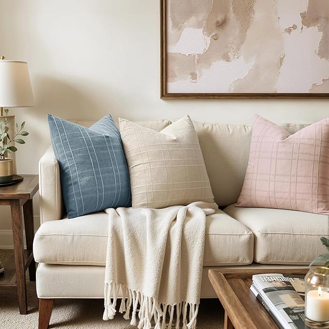 MIULEE Decorative Linen Check Euro Shams Throw Pillow Covers Neutral Farmhouse Vintage Spring Valentine Pillow Covers 24x24 Set of 2 Boho Modern Home Decor for Sofa Couch Bedroom Cushion Light Pink