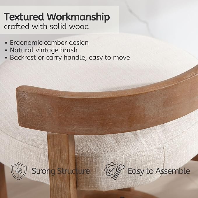 LukeAlon Mid Century Linen Bar Stools Set of 4, 30.25" Seat Height Upholstered Barstools with Wood Legs Modern Tall Bar Chair with Curved Low Back Round Footrest for Pub Home Kitchen Island, Beige