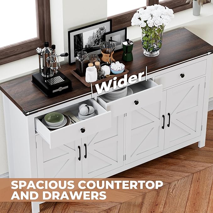 VVFLU 63" Large Sideboard Buffet Cabinet with Storage, Coffee Bar with 3 Drawers and 4 Barn Doors, Modern Farmhouse Storage Cabinet, for Kitchen, Dining Room, Living Room, White Wood