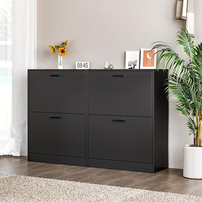 Shoe Cabinet with 2 Flip Drawers, Narrow Freestanding Shoe Organizer for Entryway, Hallway, Living Room, Black