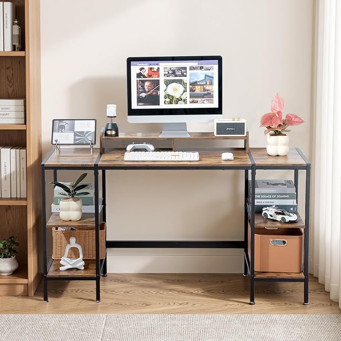 MINOSYS 55-inch Computer Desk with Storage Shelf - Vintage Ideal Gaming Desk for Bedrooms, Small Spaces, and Home Offices Modern Writing Desk for PCs.