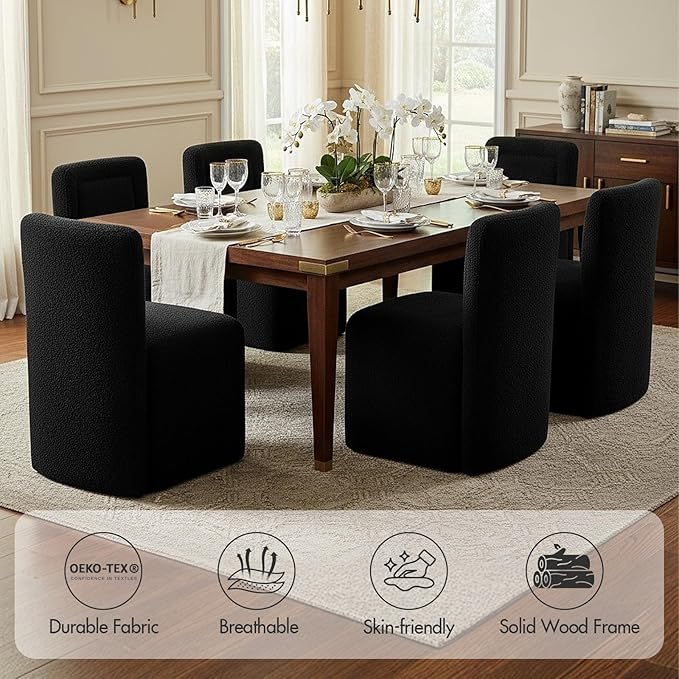 Hyfirm Black Upholstered Dining Chairs Set of 6, Mid-Century Scandinavian Parsons Armless Chairs in Boucle Fabric with Plush Seat Cushion for Diningroom Bedroom Livingroom Reading Room
