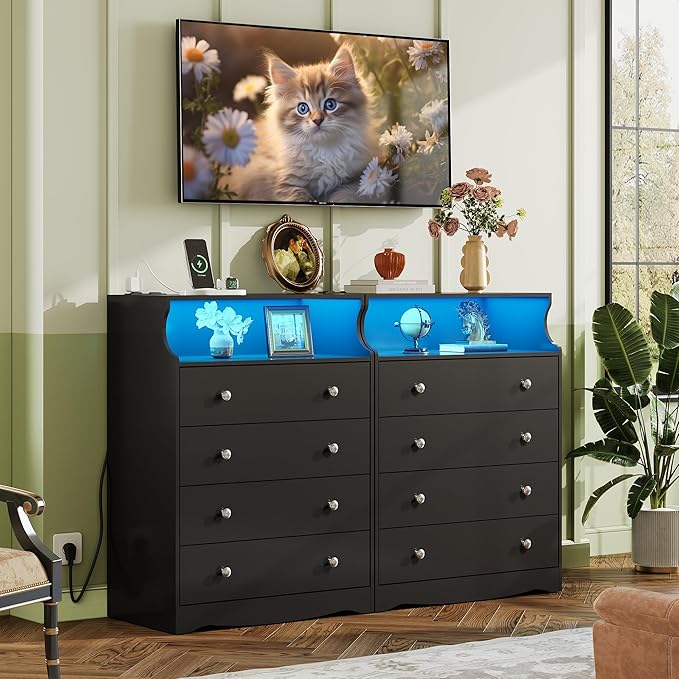WLIVE Black LED Dresser for Bedroom, Tall Wood Dresser with 4 Drawers and Open Shelf, Chest of Drawers with Power Outlet for Living Room, Hallway, Closet