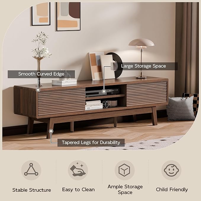 TOLEAD 59" TV Console, Mid Century Modern Media Console for 55/60/65 Inch TV, Low Profile TV Stand with Fluted Sliding Doors, Boho Light Wood Credenza for Living Room, Walnut