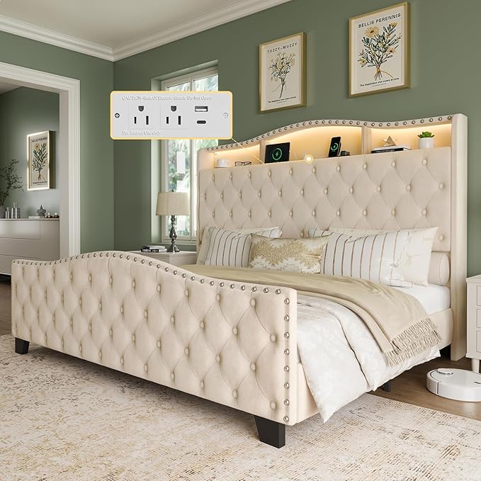 Belffin King Size Bed Frame and Headboard, 50.9" Velvet Upholstered Wingback Bedframe with LED Lights & Storage/Charging Station, Button Tufted Tall Footboard, No Box Spring Needed, Noise-Free, Beige