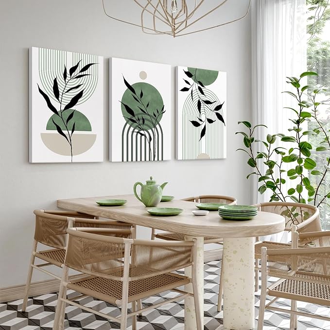 Mid Century Modern Wall Art Set of 3 Sage Green Canvas Wall Art Boho Prints Green Wall Decor Black Beige Abstract Wall Art Picture Mid Century Painting for Home Bedroom 12x16 Inch Wrapped Canvas