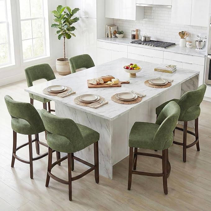 VKNOW 26" Bar Stools Set of 6, Faux Leather Counter Height Bar Stools with Backrest and Rubberwood Legs, Upholstered Barstools for Kitchen Island, Bar and Dining Room, Green