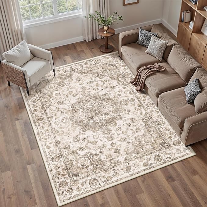 6x9 Washable Neutral Area Rug Brown Vintage Living Room Bedroom Carpet Non-Slip Soft Low Pile Farmhouse Indoor Throw Rug for Dining Room Entryway Office