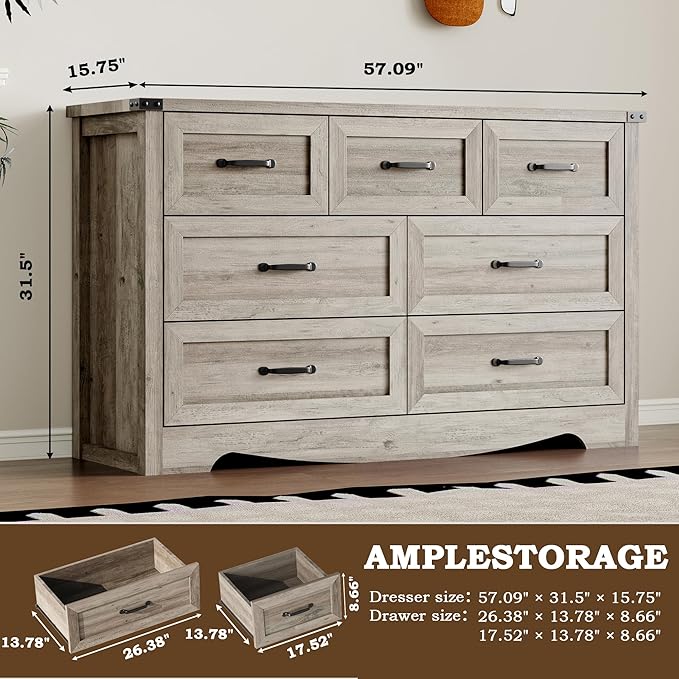 BORNOON 7-Drawer Dresser for Bedroom, Modern Wooden Chest of Drawers with Metal Handles, Anti-Tipping Design, Sturdy and Stable Storage Organizer for Living Room, Entryway, Home Office