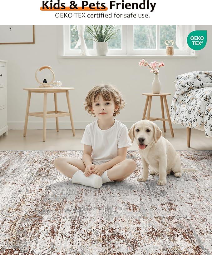 Art&Tuft Washable Rugs 5x7 - Stain Resistant Anti-Slip Backing Abstract 5x7 Area Rugs for Living Room, Foldable Machine Washable Area Rug(5'x7', Rust)