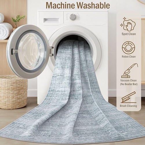 7x9 Area Rug Living Room: Washable Large Vintage Blue Rug Neutral Non-Slip Soft Stain Resistant Indoor Carpet for Bedroom Nursery Dining Room Under Table Bed Home House Office Playroom