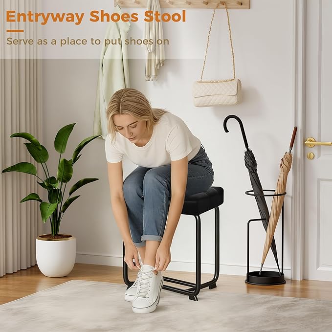 BEWISHOME Black Vanity Stool, Leather Vanity Stool, Small Stool Chair for Vanity, Square Ottoman Foot Stool, Makeup Vanity Chairs with Thick Padded Seat for Small Spaces, Bathroom, Bedroom, Entryway