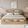 GarveeHome Full Size Bed Frame, Wooden Beds with Storage Headboard and Raised-Foodboard, Full-Floor Low Platform Bed for Bedroom, Sturdy Wooden Slats Support, No Box Spring Needed, Natural