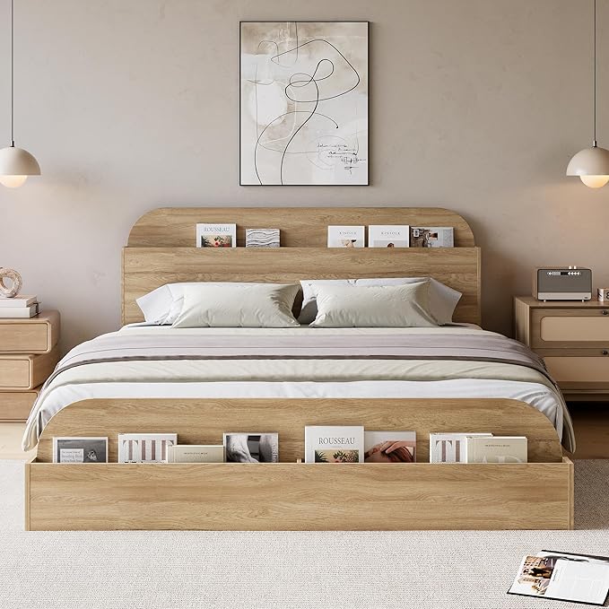 GarveeHome Full Size Bed Frame, Wooden Beds with Storage Headboard and Raised-Foodboard, Full-Floor Low Platform Bed for Bedroom, Sturdy Wooden Slats Support, No Box Spring Needed, Natural