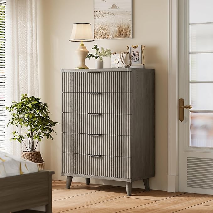 Lulive Dresser for Bedroom Wood Tall Dressers Drawers, Fluted Modern Dresser 5 Drawers (Dark Grey Oak)