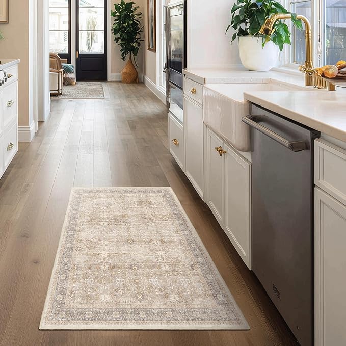 Vintage Beige 3x5 Entryway Rug Indoor Foyer, Neutral Earth Tone Throw Rug for Kitchen Bathroom, Machine Washable Non Slip Ultra Thin Area Rug for Nursery/Bedroom Bedside/Home Office/Dorm
