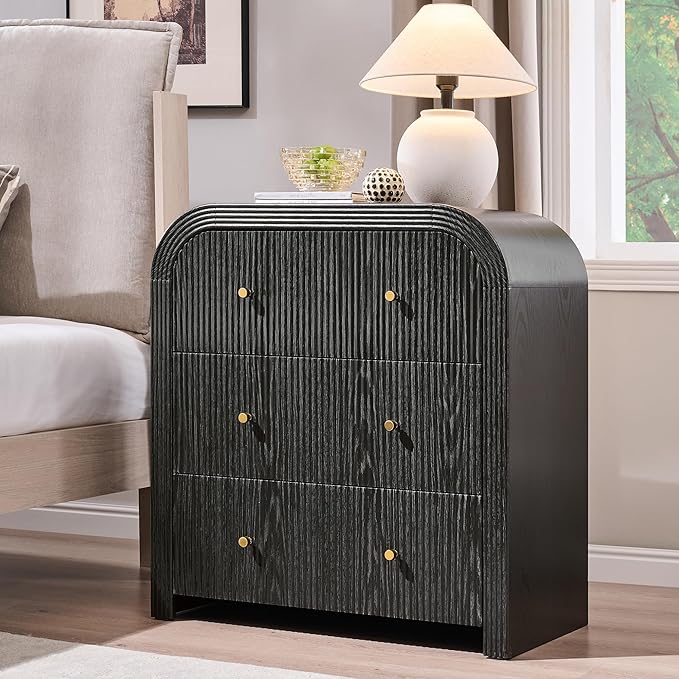 T4TREAM Fluted Dresser with 3 Drawers, 32" Tall Modern Chest of Drawers with Thickened Curved Profile Design, Wood Closet Clothes Storage Organizer for Bedroom, Living Room, Hallway, Black Oak