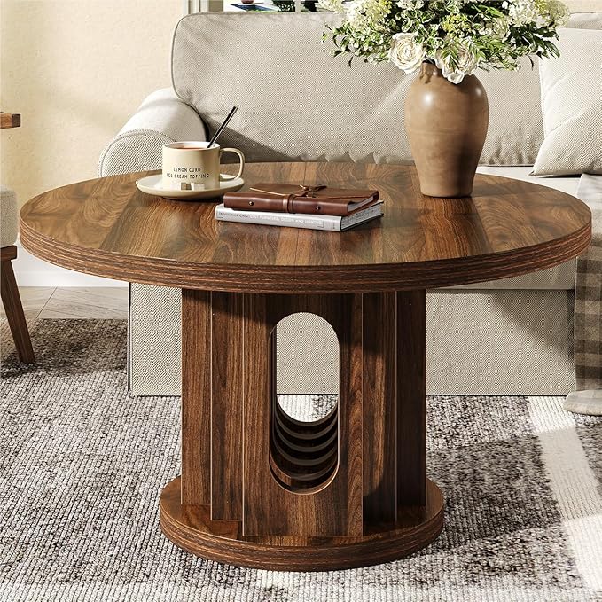 knoworld 31.5" Round Coffee Table, Small Wooden Circle Center Table Hole Panel Splice Design Coffee Tables for Living Room, Thickened Edge MDF Board, Walnut