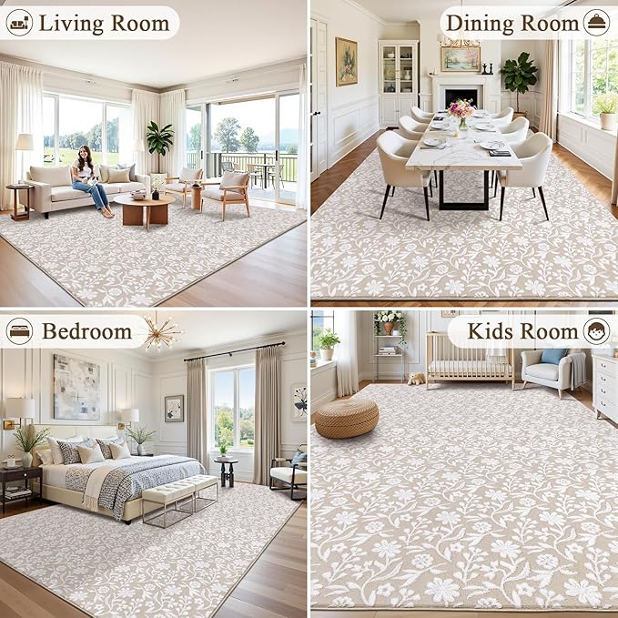 Vaukki 8x10 Area Rug for Living Room, Soft Fluffy Washable Modern Floral Indoor Floor Mat, Non Slip Shaggy Boho Accent Throw Carpet for Bedroom, Living Room, Nursery and Dining Room, Beige and White