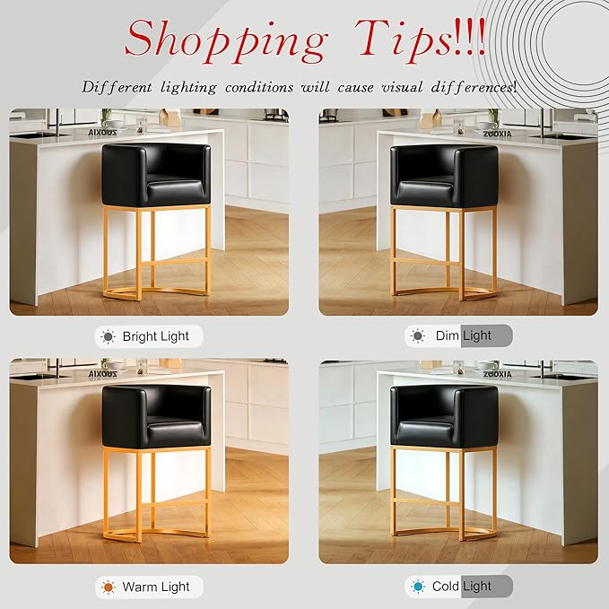 Modern Counter Height Bar Stools,Bar Stools Set of 4,PU Leather Upholstered Barrel Barstools with Backs,26'' Kitchen Island Chairs,Metal Gold Frames,Black Leather