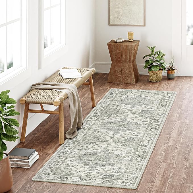 2x8 Washable Neutral Runner Rug Green Vintage Hallway Kitchen Carpet Non-Slip Soft Low Pile Farmhouse Throw Rug for Bedroom Bathroom Laundry Living Room
