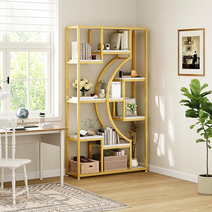 LGHM 79" W Luxury Marble-Patterned White Gold Bookshelf, Modern Geometric Half-Moon Style, Flexible Modular Open Storage Unit for Living Room, Home, Office