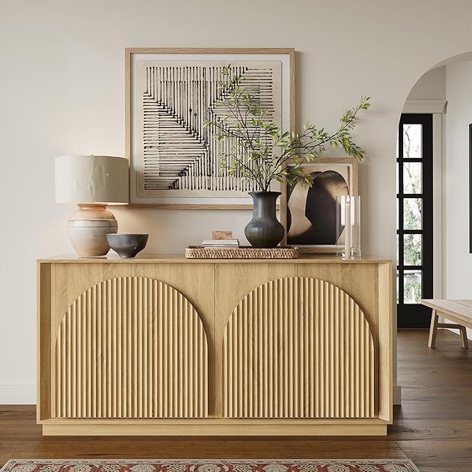 win2win Fluted Sideboard Buffet Cabinet with Storage, 65" Modern Accent Cabinet with Double-Layered Arch Doors, Wood Boho Media TV Console Table Credenza for Living Dining Room Hallway Entryway, Oak