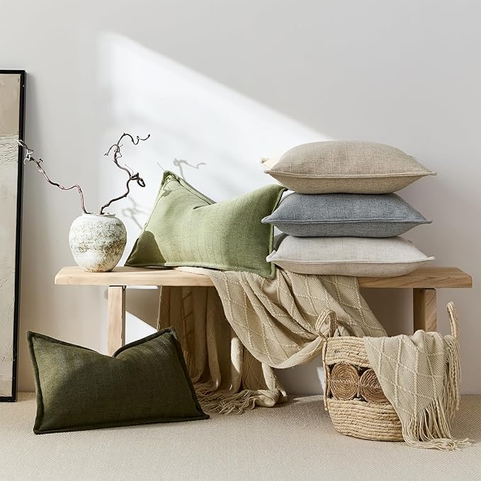 DEZENE 12x20 Linen Pillow Covers Sage Green Pack of 2 Farmhouse Boho Neutral Accents Striped Textured Rectangular Lumbar Decorative Throw Pillow Cases for Living Room Couch Bed Home Decor